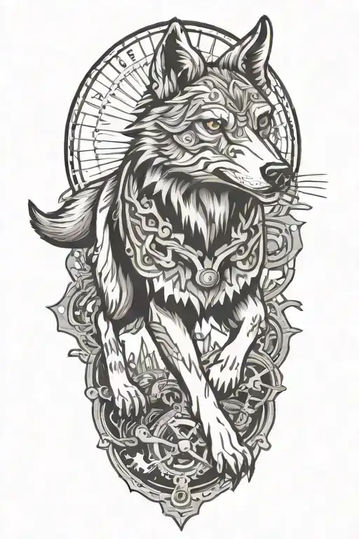 mechanical wolf running tattoo design idea