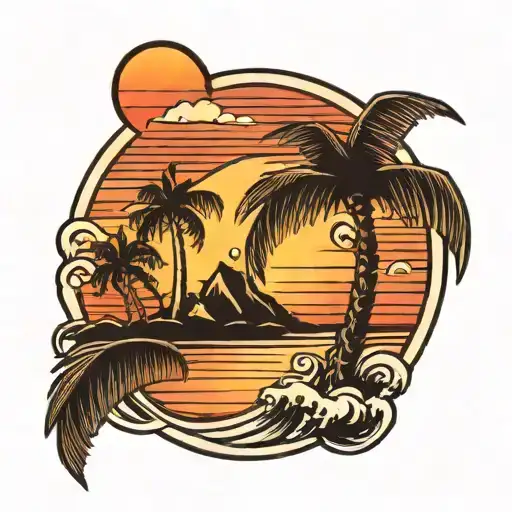 A traditional style tattoo of a beach sunset with palm trees and waves crashing on the shore tattoo design idea