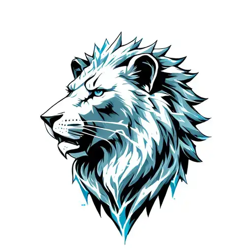 A towering glacier in the shape of a majestic lion's head, its icy surface shimmering with cracks and reflecting cold, p tattoo design idea
