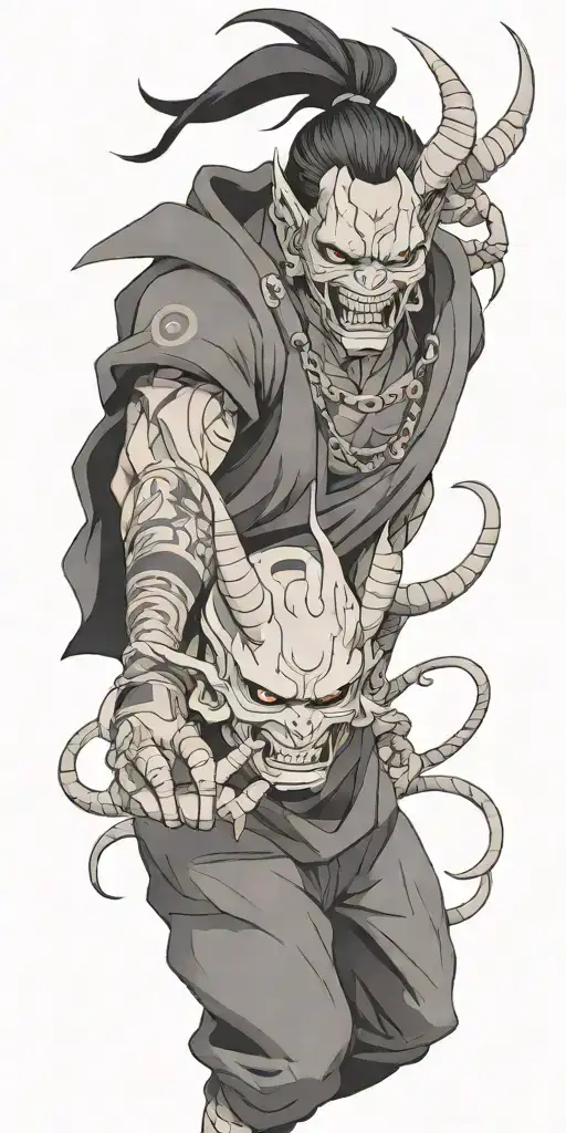 anime character wearing a oni mask fighting off inner demons tattoo design idea