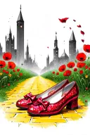 two sparkly flat red ruby shoes with bows on toe and yellow brick road, poppies, emerald city in background tattoo design idea