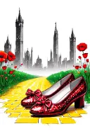two sparkly flat red ruby shoes with bows on toe and yellow brick road, poppies, emerald city in background tattoo design idea
