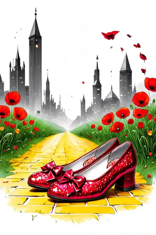 two sparkly flat red ruby shoes with bows on toe and yellow brick road, poppies, emerald city in background tattoo design idea