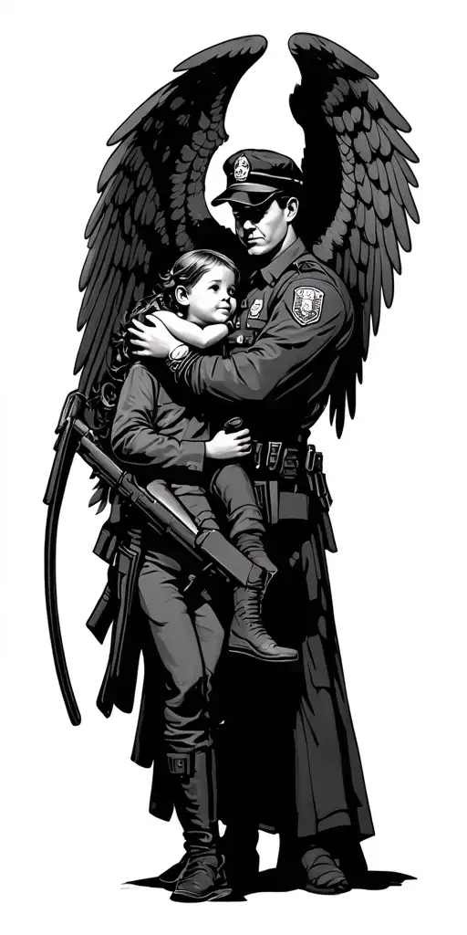 law enforcement protector with angel wings around a child tattoo design idea