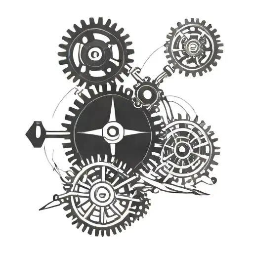 An abstract design of intertwined gears and arrows, representing the interconnectedness of curiosity, personal freedom, and financial investment tattoo design idea
