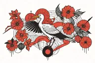 Hieroglyphs and a small stork made of black lines. There are also Japanese lanterns, lilies and a fan made of red lines tattoo design idea