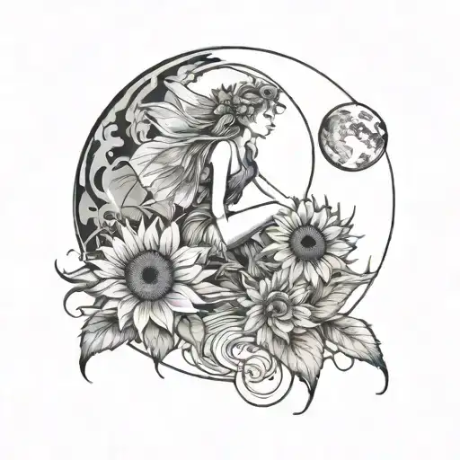 Sunflower Fairy moon water reflection  tattoo design idea