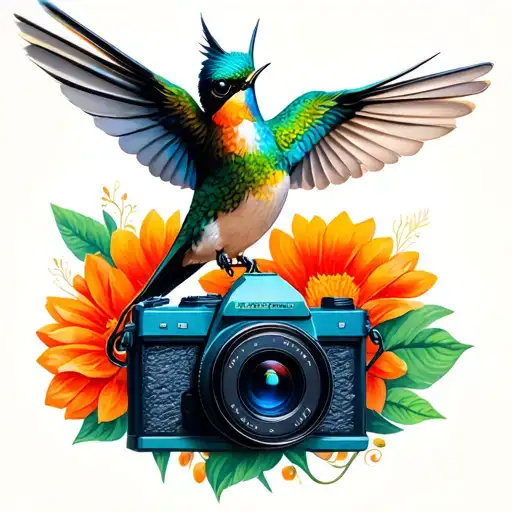 humming bird with a camera and closed book tattoo design idea