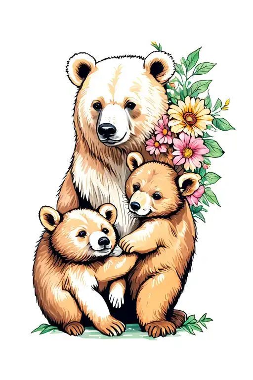 mom bear and cubs with flowers growing tattoo design idea