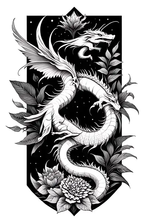 botanical tattoo, a few small dragons flying, geometric filler, mandala design incorporating - forearm sleeve tattoo design idea