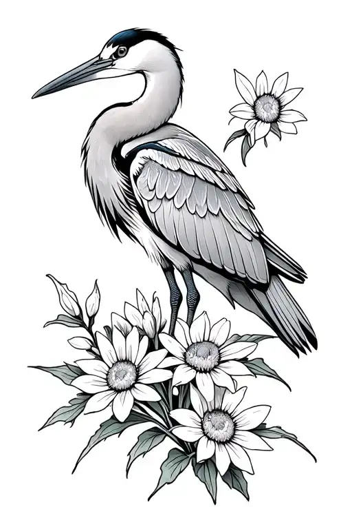 great blue heron, edelweiss flower tattoo design idea