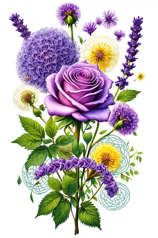 rose, violet, dandelion,  lavender and mint leaves with celtic design tattoo design idea