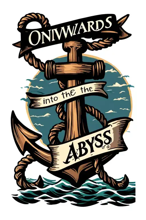 Anchor with banner saying Onwards into the Abyss tattoo design idea