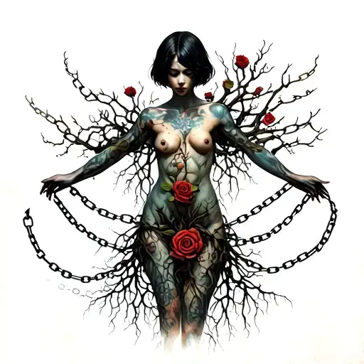 full body Silhouette of a goddess with short hair, bare chest, roots growing out of chains, roses, decaying flesh tattoo design idea