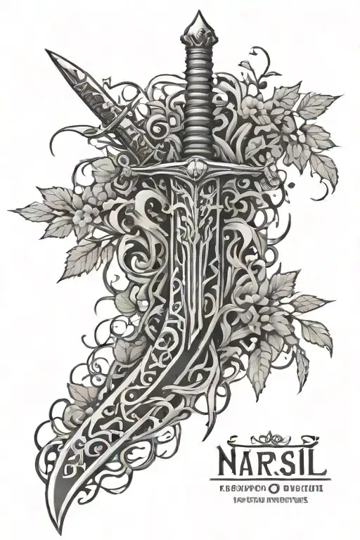 sword of narsil shattered with tree on hilt and roots entertwining the pieces of the blade tattoo design idea