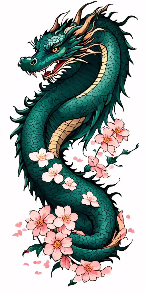 Japanese cherry blossoms wrap with dragon tattoo design idea