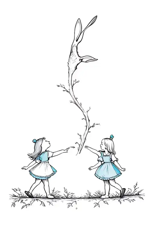 Two child's falling in the white rabbit hole like Alice  tattoo design idea