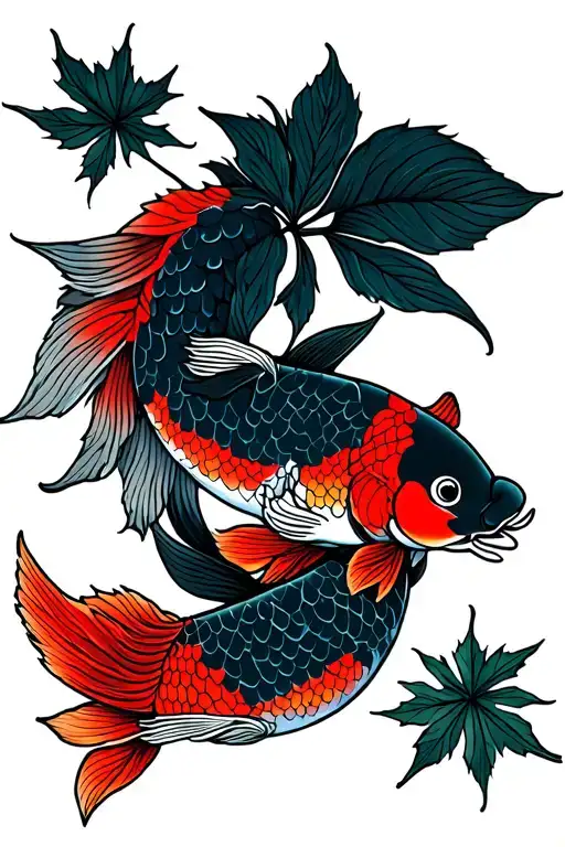 Japanese luck chram with koi fish and japanese maple leafes tattoo design idea