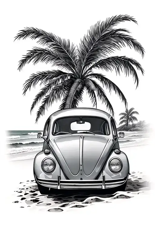 Volkswagen beetle, bus, logo, beachy artistic tattoo design idea