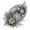 A large tattoo design with many snowflakes and frost, with mint leaves. tattoo design idea