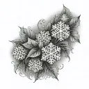 A large tattoo design with many snowflakes and frost, with mint leaves. tattoo design idea