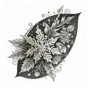 A large tattoo design with many snowflakes and frost, with mint leaves. tattoo design idea