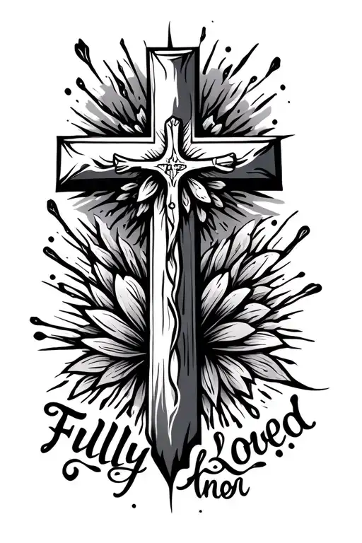Fineline Christian cross with Fully known, Fully loved written next to it tattoo design idea