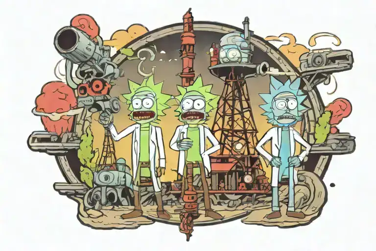 Rick and Morty look surprised at an oil well with a lukoil logo on it. tattoo design idea