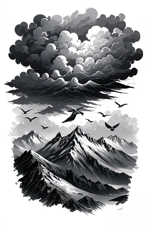 storm clouds over a mountain range with birds flying away tattoo design idea