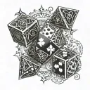An intricate design of dice and mana symbols from Magic the Gathering tattoo design idea