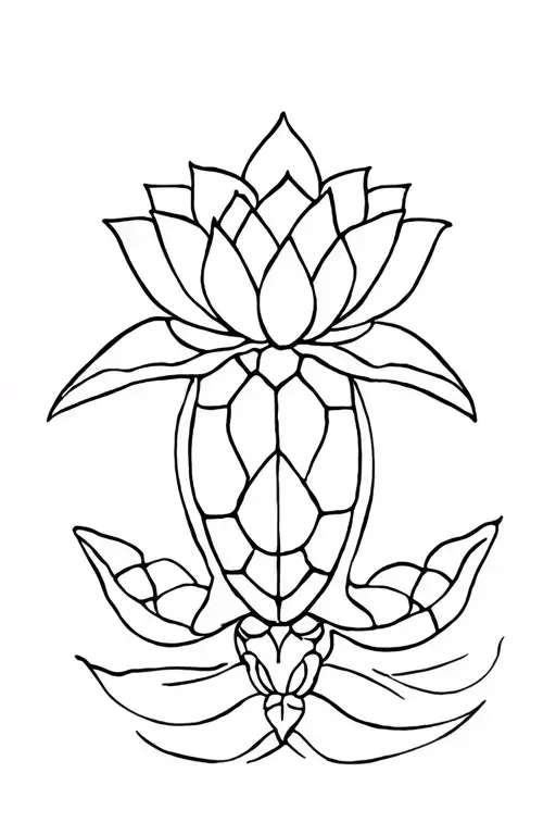fine line tattoo with one sea turtle from above with a lotus flower on it and star of david tattoo design idea