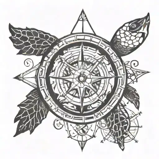 sea turtle and compass tattoo design idea