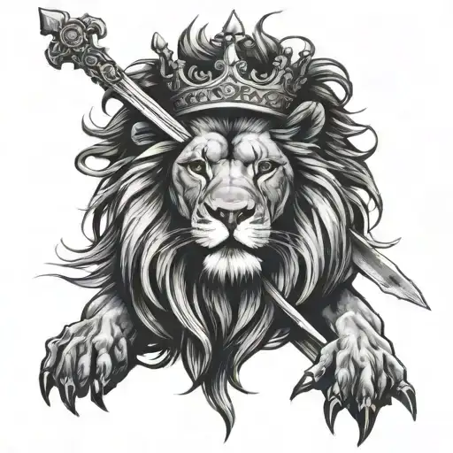 lion with crown, swords downward below him  making cross tattoo design idea