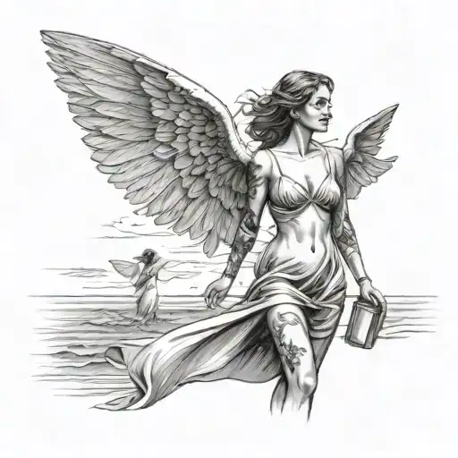 woman angel, facing way, walking alongst the beach by ocean, holding their flip-flops in one hand and martini in another tattoo design idea
