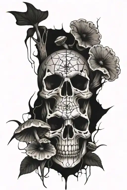 skull, mushrooms, spiders, spider web, fore arm, black tattoo design idea
