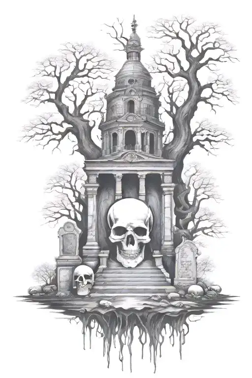 big ghost surrounded by trees, gravestones, skulls, and a large mausoleum tattoo design idea