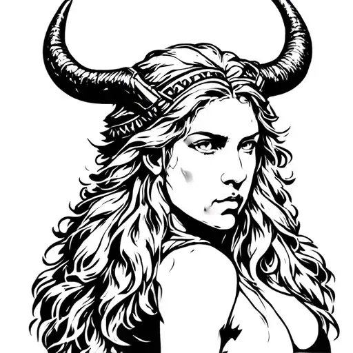viking woman with horns bahamut head tattoo design idea