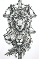 wolf and lion face and crucifix intertwined tattoo design idea
