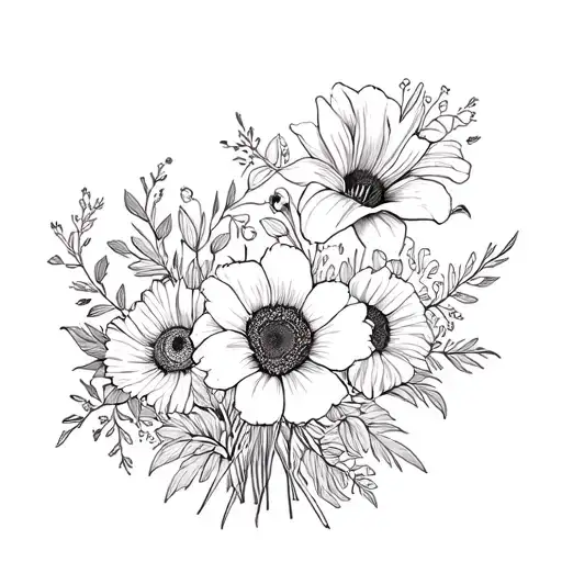 bouquet ties with poppy, daylily, lilac, sunflower tattoo design idea