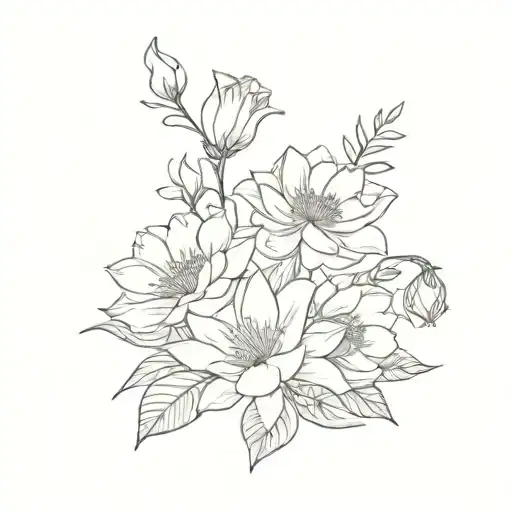 flower bouquet morning glory, water lily, chrysanthemum and carnation  tattoo design idea