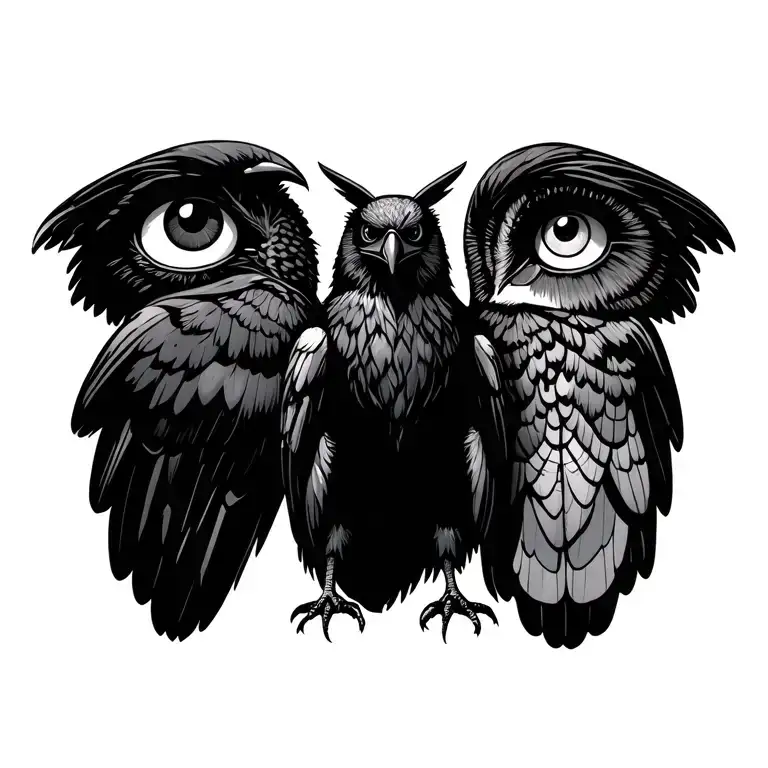 three eye-raven standing, large moth and a three eyed-owl on the other side  tattoo design idea