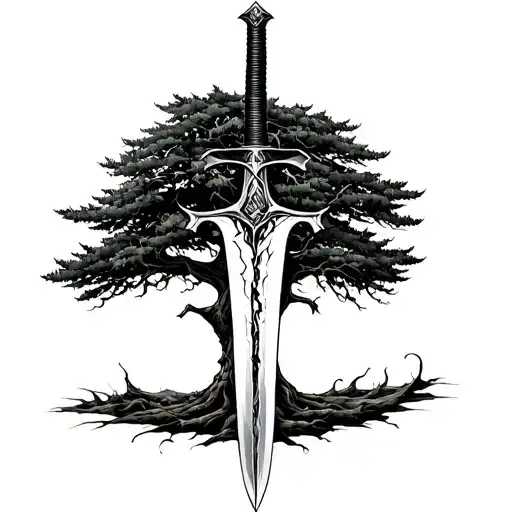 a broken but sharp sword with a cypress tree combined  tattoo design idea