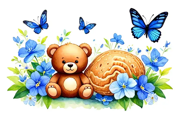 a small cartoon peanut shell sitting next to a teddy bear surrounded by sweet pea flowers and blue butterflies tattoo design idea