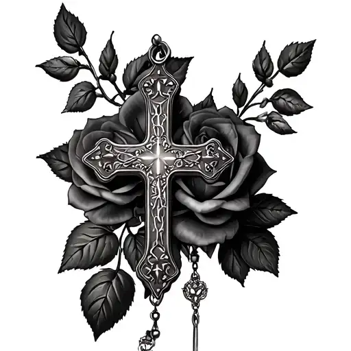 cross and roses and rosary tattoo design idea