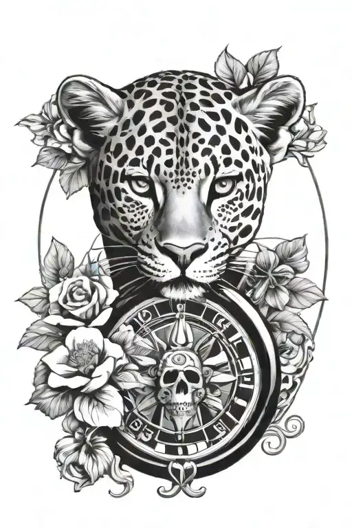 leopard roulette wheel skull and flowers  tattoo design idea