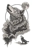 moon with skill inside, wolf howling through the cloud at the moon tattoo design idea