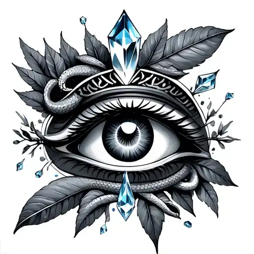Eye Of Ra with crystals and leaves and snakes surrounding the eye as it's glowing tattoo design idea