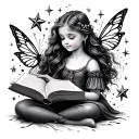 magical book explosion of stars and fairies whist daughter reads book tattoo design idea