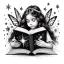 magical book explosion of stars and fairies whist daughter reads book tattoo design idea