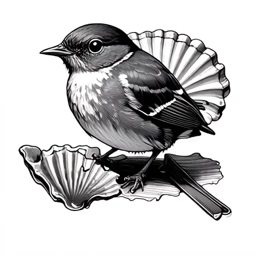 european robin and broken scallop shell tattoo design idea